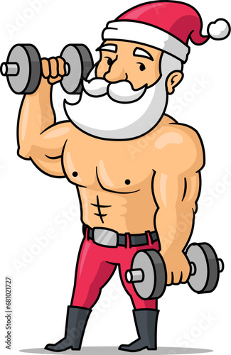 Santa Claus bodybuilder lifting weights. Funny Christmas gym concept. Vector illustration isolated on white.