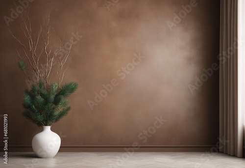 Interior background of room with brown stucco wall and vase with branch 3d rendering