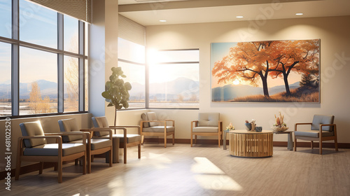 Aesthetic Clinic and Hospital with a Warm and Friendly Lobby and Waiting Room, Infused with Calm Ambiance, Featuring Comfortable Sofas for a Relaxing Healthcare Experience photo