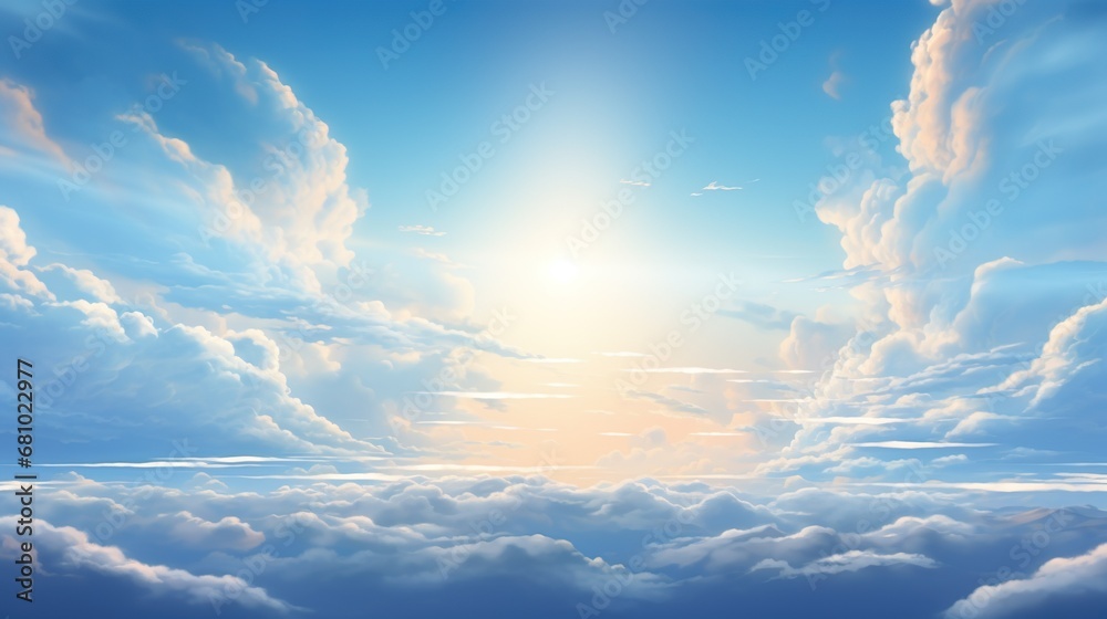Blue sky with clouds. Anime style background with shining sun and white ...