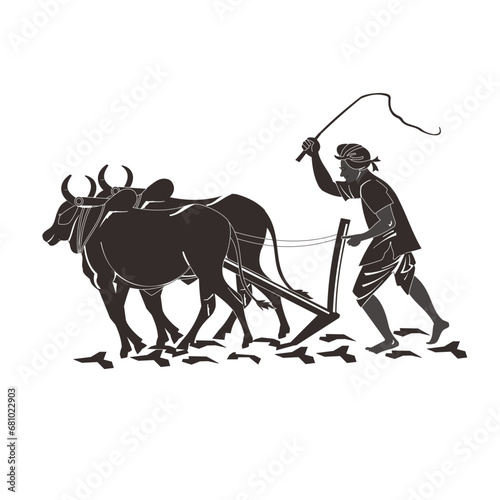 stock vector silhouette farmer plowing cow in the field