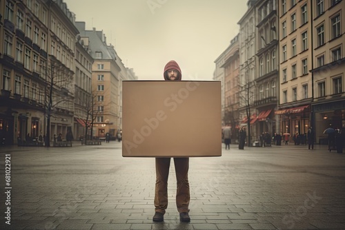 Person holding a box or blank sign in the middle of urban city outdoor background. photo