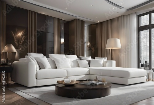 Modern interior with white sofa panorama 3d render
