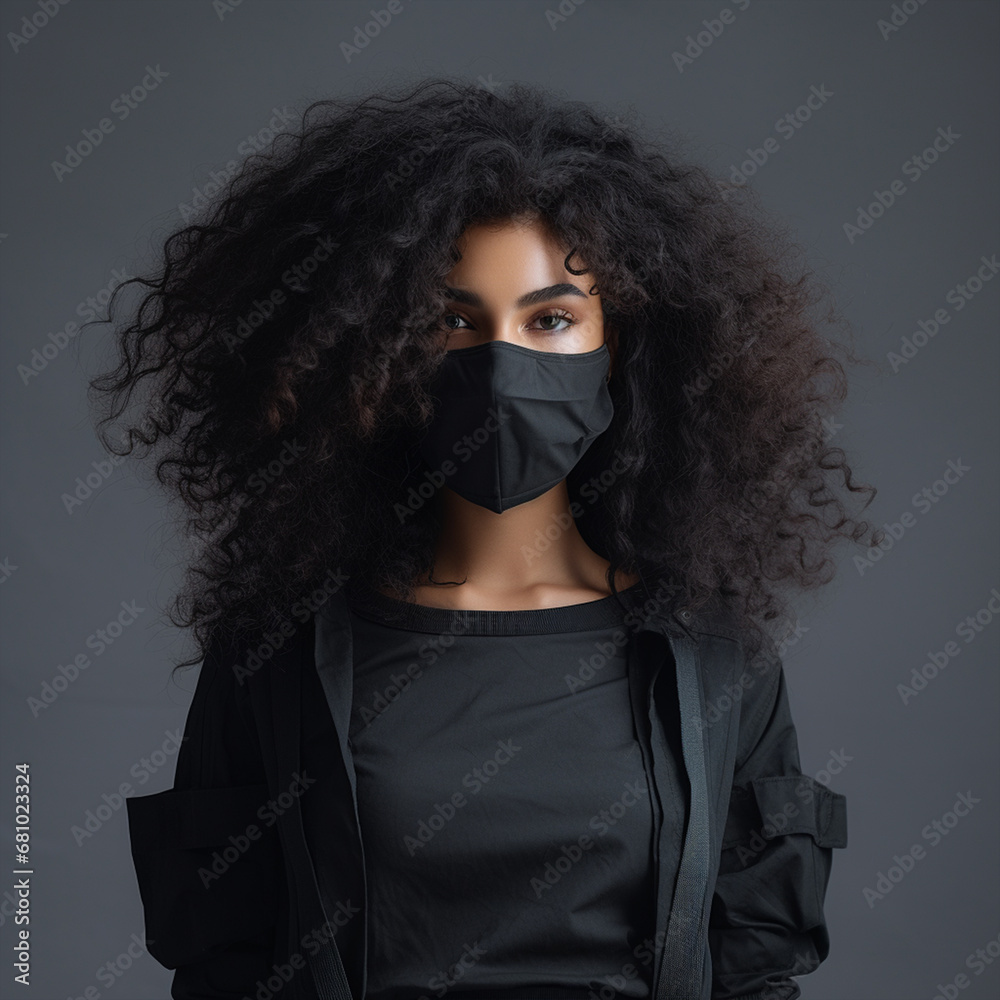 young black model wearing protective mask and black shirt and black power hair, ai technology young black model wearing protective mask and black shirt and black power hair, ai technology