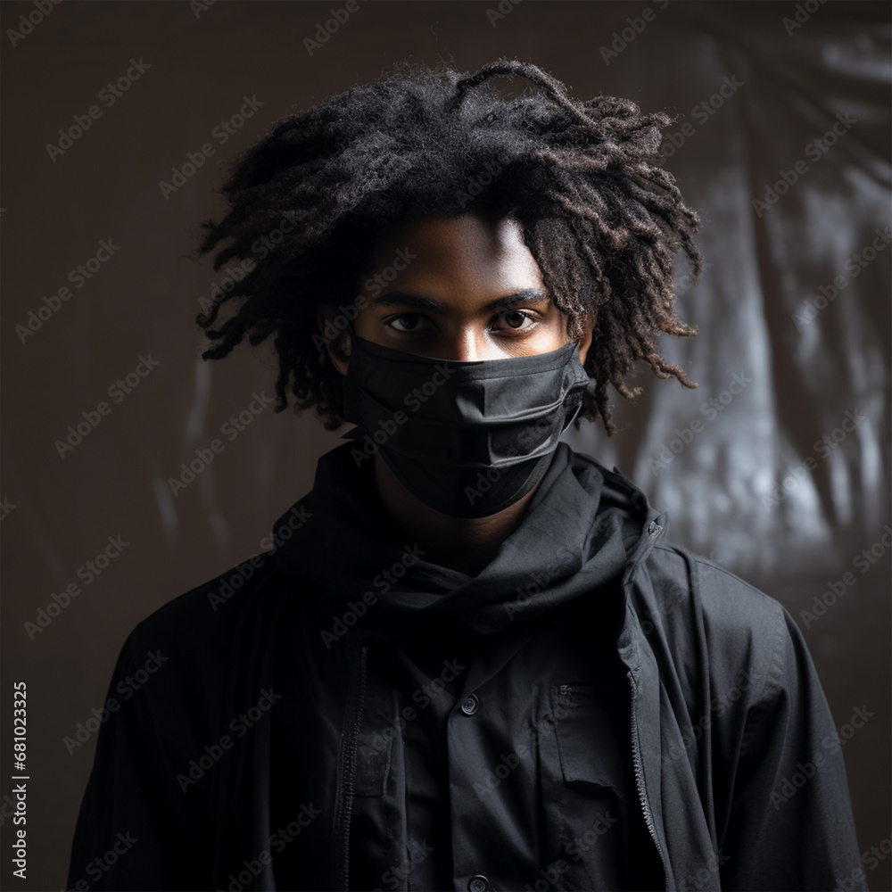young black model wearing protective mask and black shirt and black power hair, ai technology