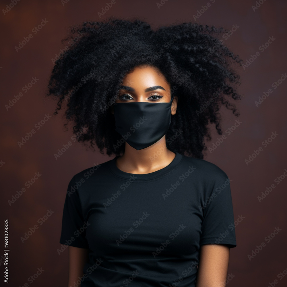 young black model wearing protective mask and black shirt and black power hair, ai technology young black model wearing protective mask and black shirt and black power hair, ai technology