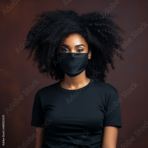 young black model wearing protective mask and black shirt and black power hair, ai technology photo