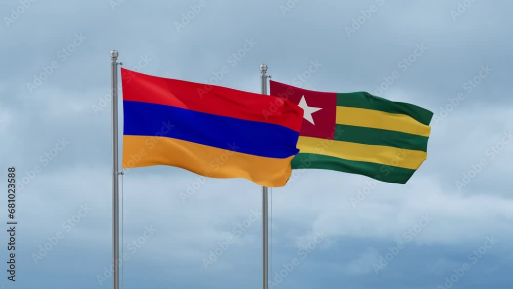 Togo, Togolese Republic and Armenia flag waving together on cloudy sky, endless seamless loop, two country cooperation concept