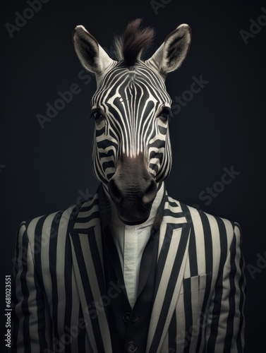 portrait of a zebra wearing clothes with black and white stripes