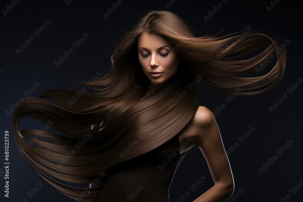 Naklejka premium Confident Woman with Flowing Brown Hair and Hands on Hips