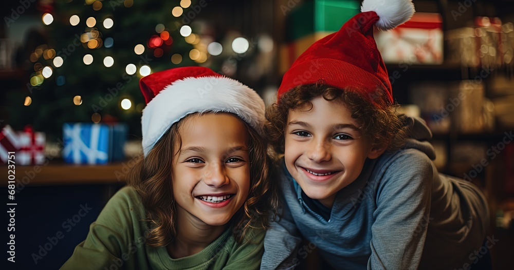 a young girl and boy wearing Santa hat at Christmas night festival, bokeh light joyful atmosphere, generative Ai a young girl and boy wearing Santa hat at Christmas night festival, bokeh light joyful atmosphere, generative Ai