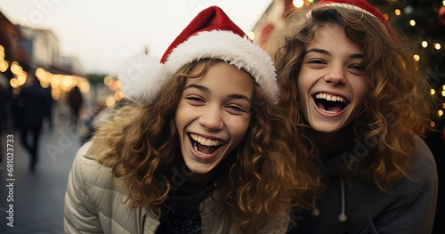 two young girls wearing Santa hat at Christmas night festival, bokeh light joyful atmosphere, generative Ai