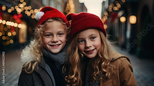 two young girls wearing Santa hat at Christmas night festival, bokeh light joyful atmosphere, generative Ai