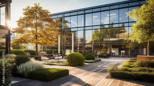 Elegance of a Contemporary Minimalist Office Building with a Cozy Courtyard, Fresh Garden Vibes, and Inviting Benches for a Modern Oasis of Tranquility and Productivity