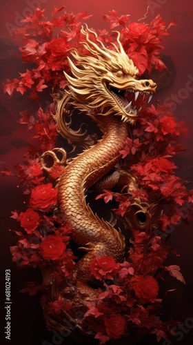 Golden dragon with ​vintage Victorian​ metal​Leaves​ on red background