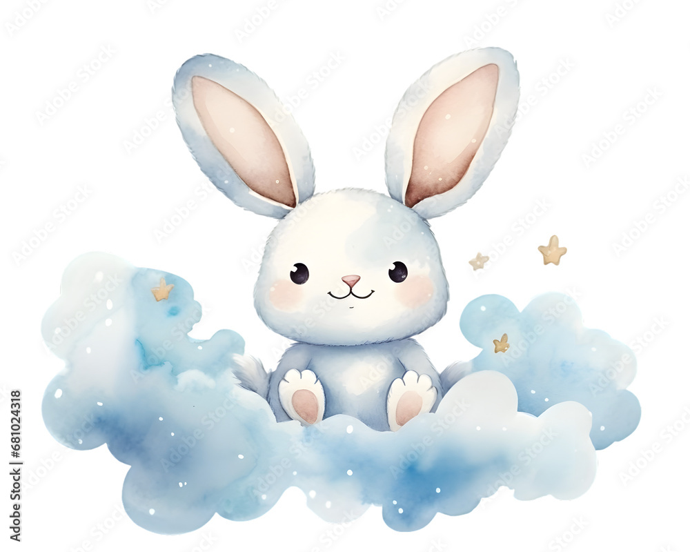 Cute cartoon rabbit sitting on blue clouds watercolor illustration isolated on transparent background