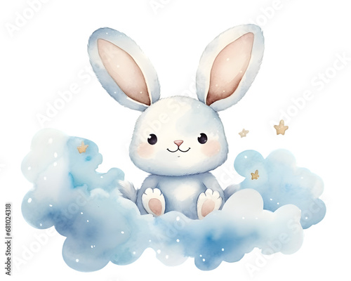 Cute cartoon rabbit sitting on blue clouds watercolor illustration isolated on transparent background © Oksana