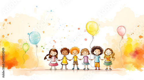 Colorful portrait of seven happy asian kids standing together in celebration of birthday and smiling., Multiethnic Children Balloon Happiness Friendship Concept