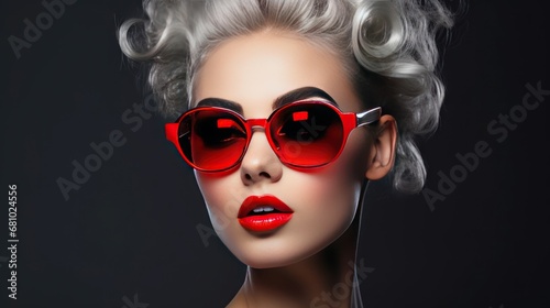 Close-up of a beautiful model with artistic makeup wearing sunglasses. beautiful woman looking away