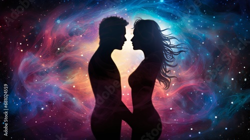 Spiritual representation of the silhouette of a couple of man and woman on a cosmic background