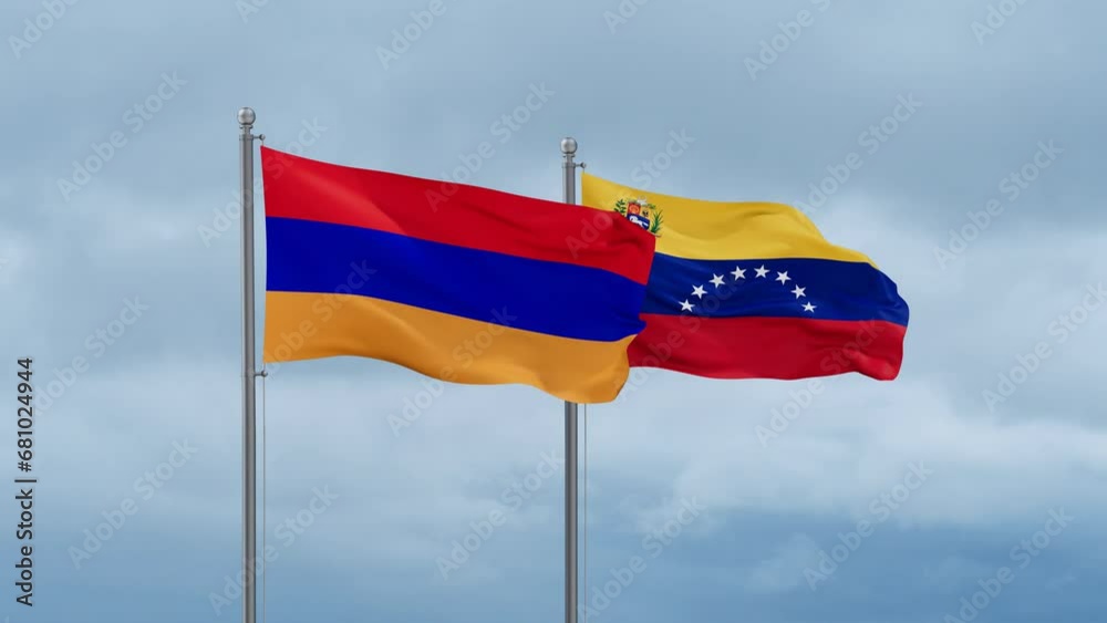 Venezuela and Armenia flag waving together on cloudy sky, endless seamless loop Venezuela and Armenia flag waving together on cloudy sky, endless seamless loop