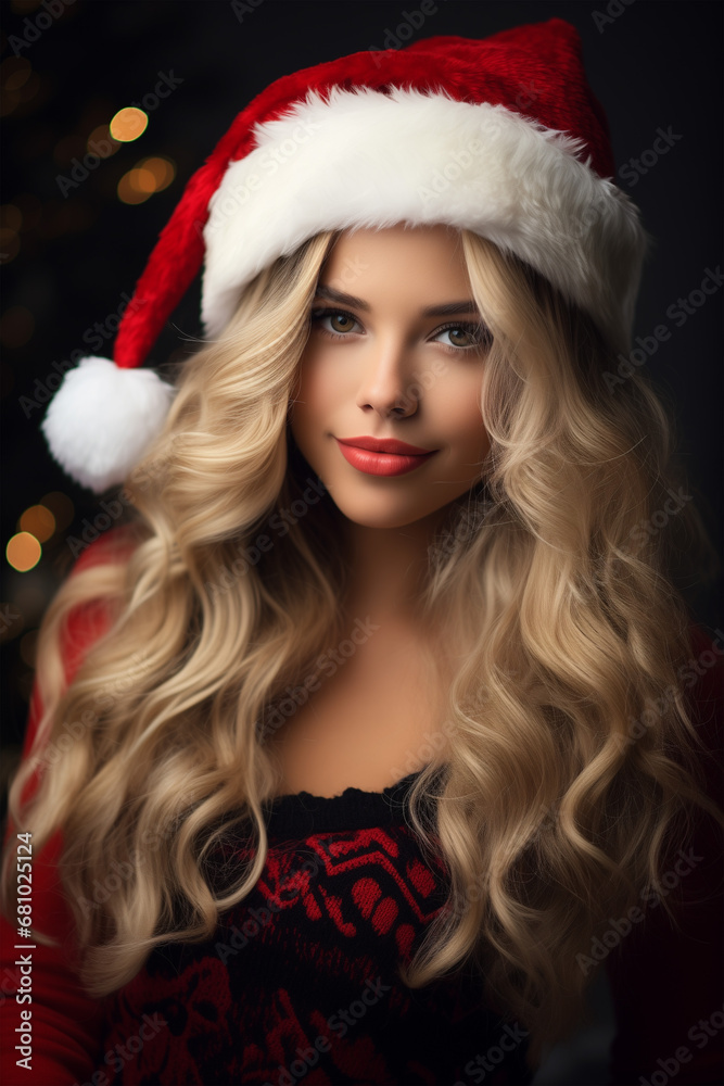 portrait of a woman in a santa claus hat portrait of a woman in a santa claus hat