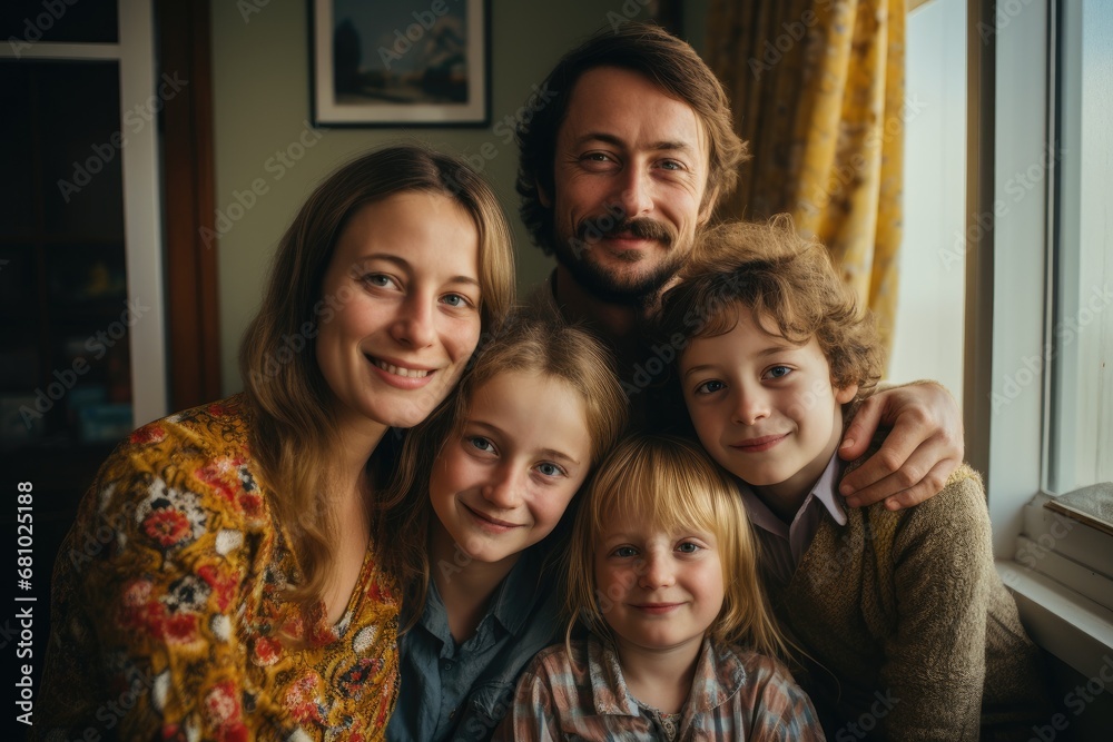 Fototapeta premium A Loving Family Captured by the Window's Warm Glow