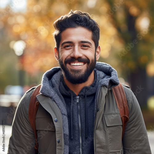 Handsome hispanic man with beard smiling happy outdoors, ai technology