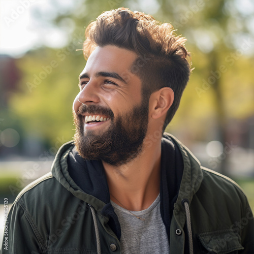 Handsome hispanic man with beard smiling happy outdoors, ai technology © Rashid