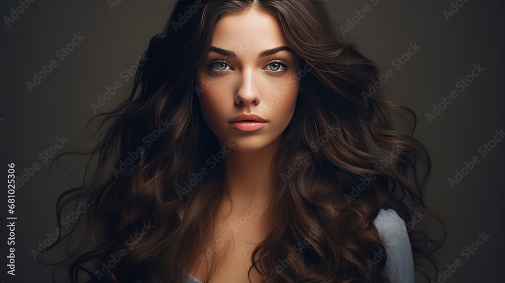 Fototapeta premium Beautiful girl with long shiny curly hair Beautiful smiling woman Model with wavy hairstyle Cosmetics and makeup