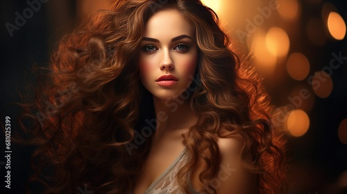 Beautiful girl with long shiny curly hair Beautiful smiling woman Model with wavy hairstyle Cosmetics and makeup