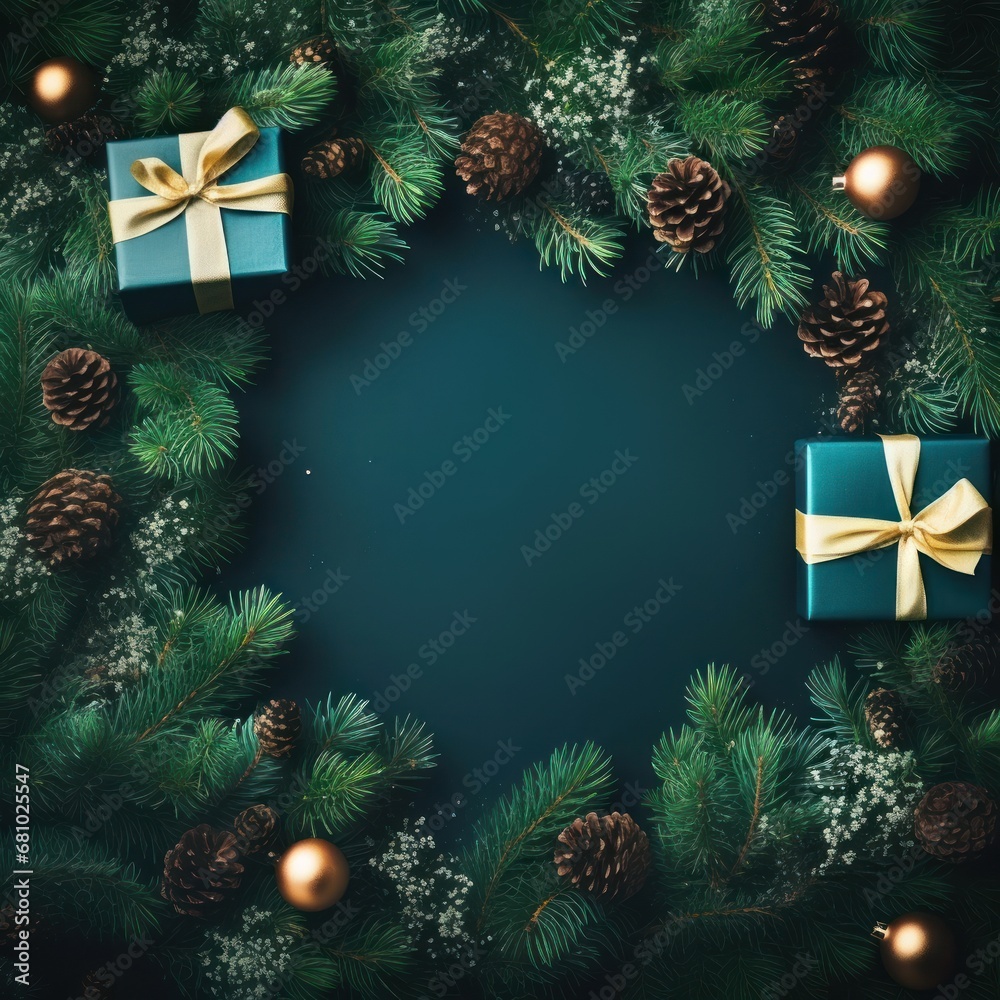 new year christmas holiday elements Top view of both green pine branches and green gift box in frame on background with copy space. new year christmas holiday elements Top view of both green pine branches and green gift box in frame on background with copy space.