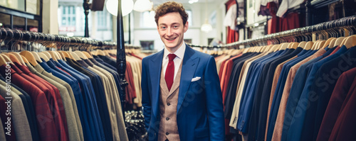 A young man wearing a blue suit standing in front of racks of suits. © PixelGallery
