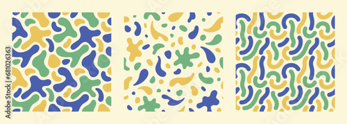 Liquid, fluid shapes seamless vector patterns set. Worms, squiggly bold lines, splashes, rounded paint spots, blots, chaotic stains, blobs. Natural retro trendy colors. Abstract backgrounds collection