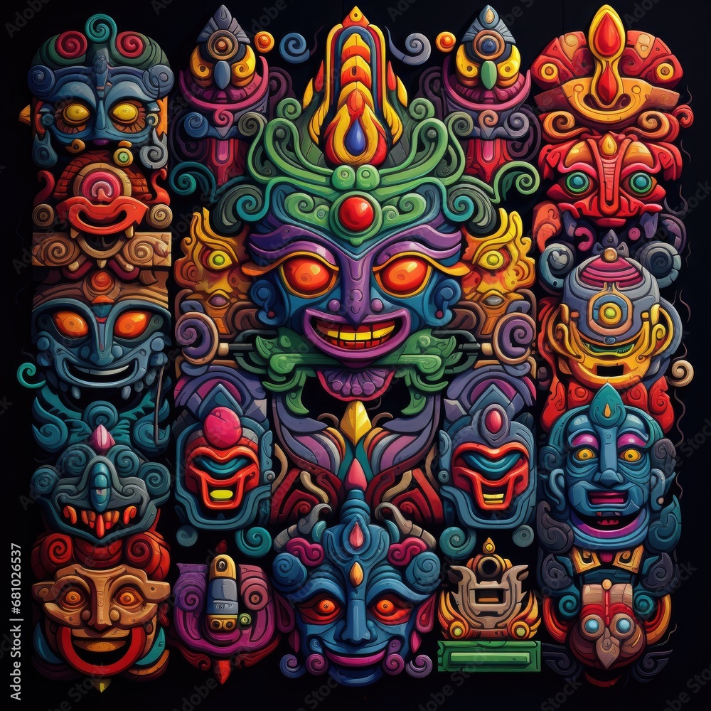 Fototapeta Colorful Masks Dance in the Shadows of a Midnight Canvas