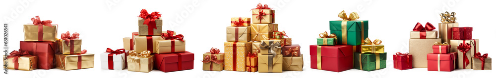 Fototapeta premium Pile of Christmas gift boxes isolated on transparent background. set of christmas boxes