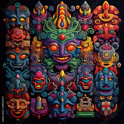 Colorful Masks Dance in the Shadows of a Midnight Canvas