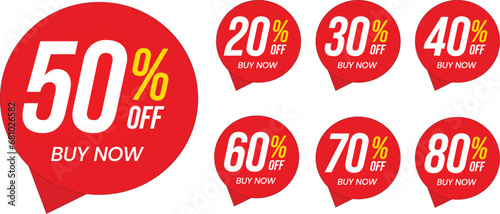Different percent discount sticker discount price tag set. Red round speech bubble shape promote buy now with sell off up to 20, 30, 40, 50, 60, 70, 80 percentage. Sign for advertising campaign. photo