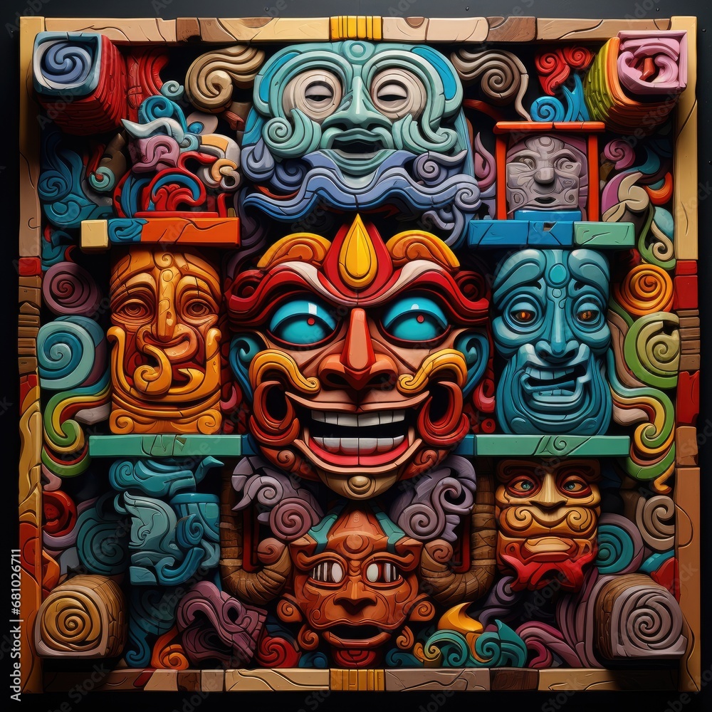 A Kaleidoscope of Expressions: A Colorful Mask with Faces Galore