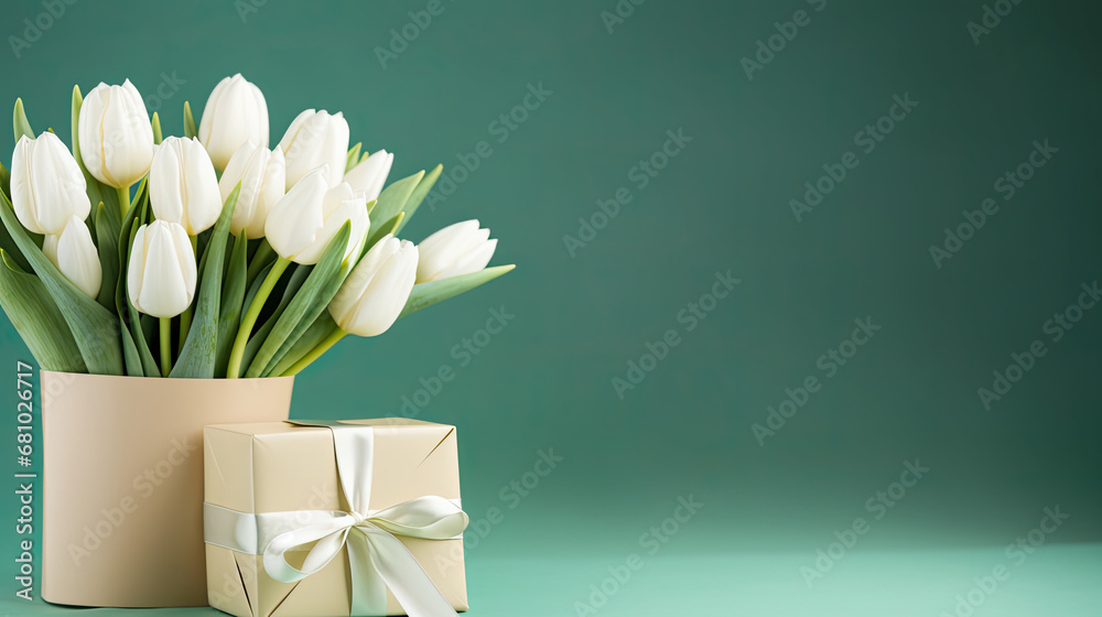 Bouquet of tulips and gift wit ribbon, Gift for Valentine's Day , Valentine banner, copy space Bouquet of tulips and gift wit ribbon, Gift for Valentine's Day , Valentine banner, copy space