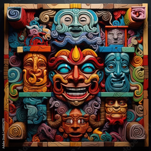 A Kaleidoscope of Expressions: A Colorful Mask with Faces Galore © pham