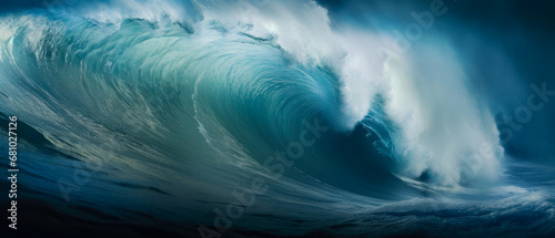 Massive blue wave curl and splashing water.