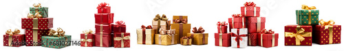 Pile of Christmas gift boxes isolated on transparent background. set of christmas boxes