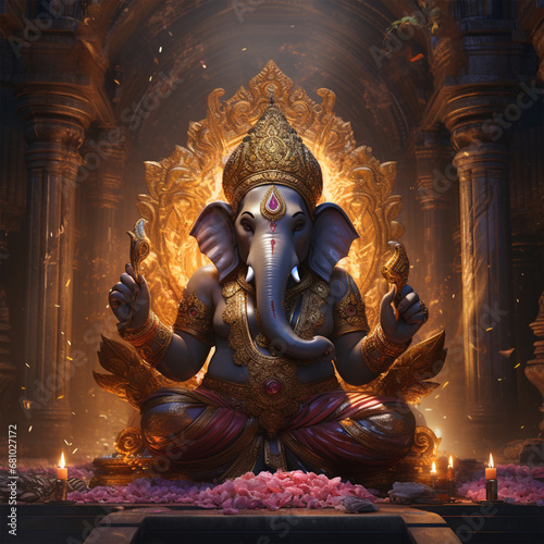 "Ganpati, the divine guardian, blesses the festival scene—a background of joy and auspiciousness, enriched by the sacred presence of Lord Ganesh." 