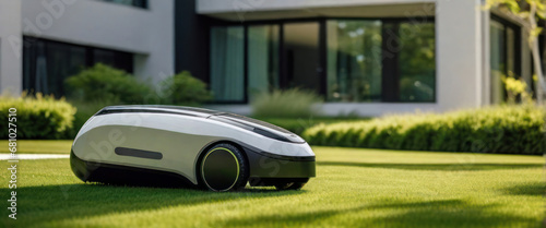 The concept of an intelligent AI lawnmower on the lawn with the backdrop of a house.