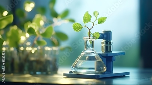 Young plants in narrow glass flasks laboratory green plants Laboratory