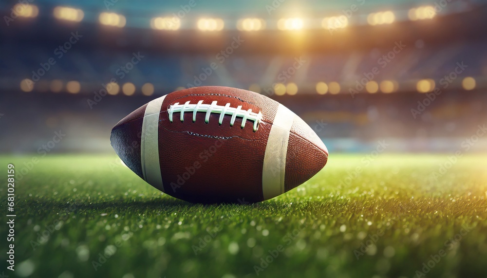 American football ball on a green grass stadium background; hyper realistic photo American football ball on a green grass stadium background; hyper realistic photo