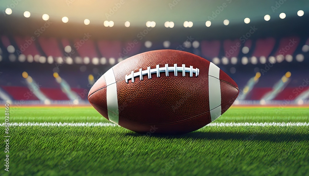 American football ball on a green grass stadium background; hyper realistic photo American football ball on a green grass stadium background; hyper realistic photo