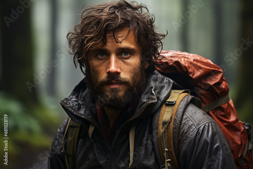 Portrait of a Caucasian man with a backpack traveling through the forest, handsome traveler in jacket on a hike