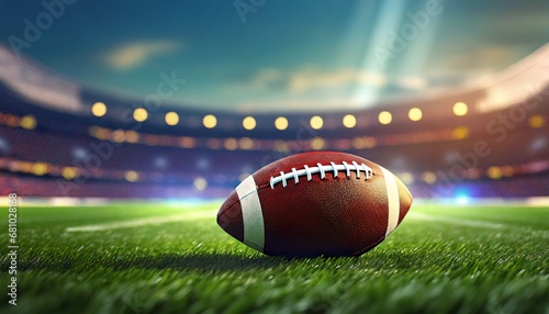 American football ball on a green grass stadium background; hyper realistic photo